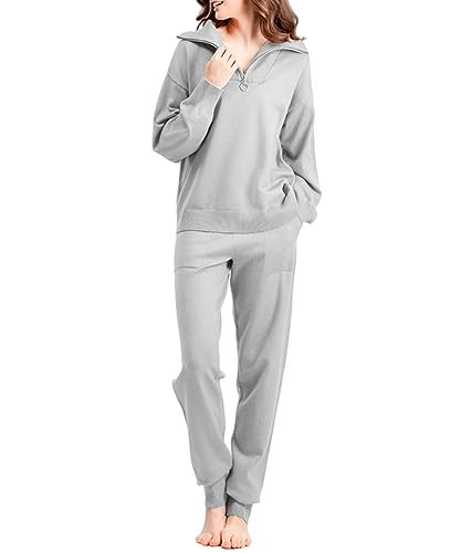 FRECINQ Damen Gestrickt Outfits 2 Stück Damen Zweiteiler Langarm Pullover und Weite Hosen Casual Loungewear von FRECINQ