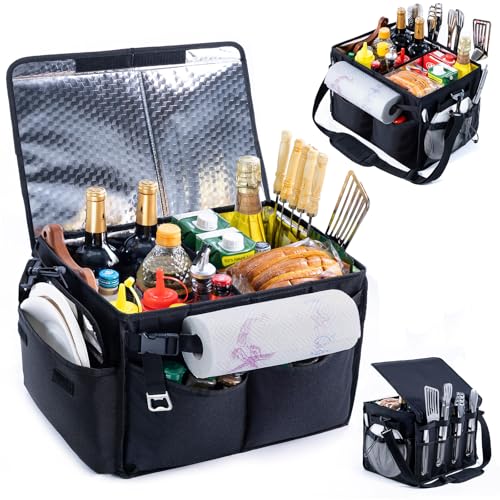 FRECOLSH Großer Grill-Caddy mit Deckel – Grill-Organizer für Camping, Heckklappe, Wohnmobil, Bootfahren – Grillgeschenke für Männer – faltbare Grilltasche mit Schultergurt – Outdoor-Essentials von FRECOLSH