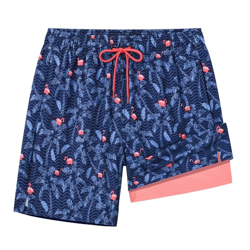 FREDRM Herren-Badehose mit Kompressionsfutter, schnell trocknend, Stretch, Strand-Shorts mit Reißverschlusstaschen, A-pink Flamingo-n, X-Small von FREDRM