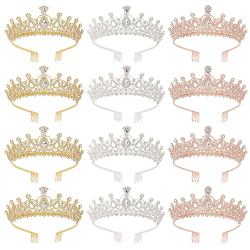 FREEBLOSS 12 Stück Kristall Tiara Und Prinzessinnenkrone 3 Farben Prinzessinnenkrone Strass Diaras Für Frauen Und Mädchen 6.9" x 5.5" Silber Roségold Gold von FREEBLOSS