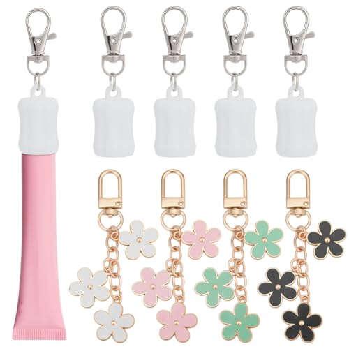FREEBLOSS 4 Schlüsselanhänger Kappe Für Lippenbalsam Lipgloss Halter Schlüsselanhänger Lipgloss Halter Mit Bunten Anhängern Süße Schlüsselanhänger Handtasche Kopfhörer Dekoration (Blumen) von FREEBLOSS
