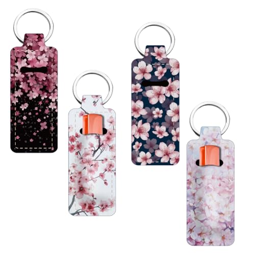 FREEBLOSS 4 Stück Lippenpflegestift Halter Schlüsselanhänger Mit Kirschblüten Muster Lippenbalsam Halter Schlüsselanhänger Lippenstift Schlüsselanhänger Lippenbalsam Organizer Für Frauen Geschenk von FREEBLOSS