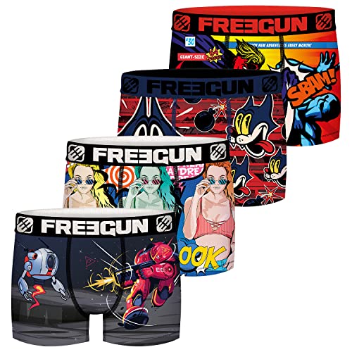 FREEGUN Comic Herren Boxershorts bunt Druck ohne Eingriff 4er Pack S M L XL XXL 92% Polyester Druck, Größe:S, Farbe:Motivmix 5 von FREEGUN