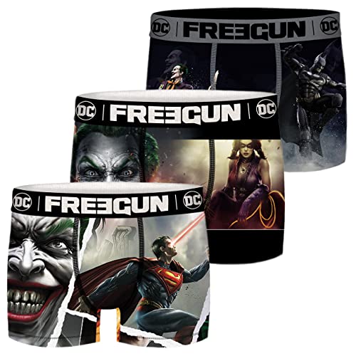 FREEGUN DC Comics Herren Boxershorts 3er Pack Batman Superman Justice League Superhelden Druck S M L XL XXL, Größe:S, Farbe:Motivmix 2 von FREEGUN