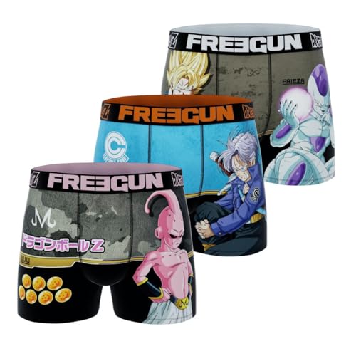 FREEGUN Herren-Boxershorts Dragon Ball Z, Boxershorts für Herren, Goku, Trunks und Buu (3 Stück), Blau/Rosa/Schwarz, M von FREEGUN