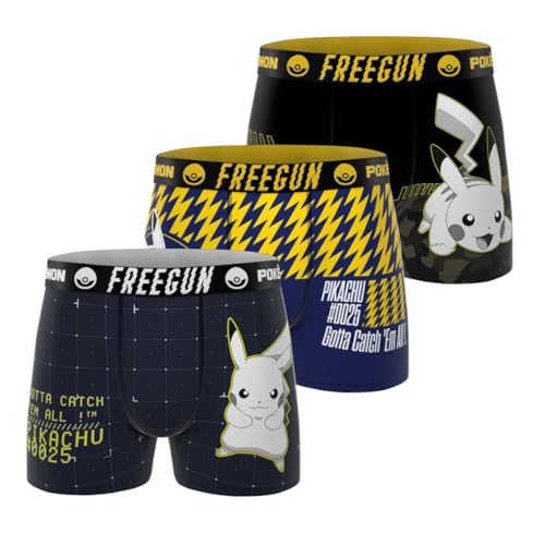 FREEGUN Pokemon Herren-Boxershorts, sehr weich und bequem (3 Stück), Schwarz/Marineblau/Gelb, M von FREEGUN