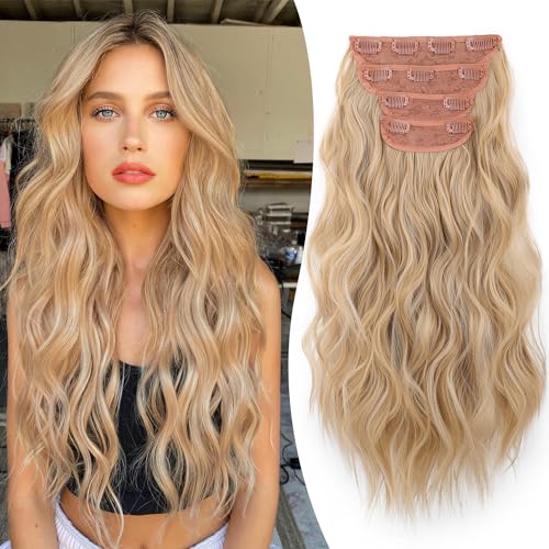 Clip-in-Haarverlängerungen für Frauen, blond, synthetische Haarverlängerungen, 4 Stück, dicke Fasern, doppelt gewebt, Haarverlängerung Clip-in-Haarverlängerungen für Frauen, blond, synthetische Haarverlängerungen, 4 Stück, dicke Fasern, doppelt gewebt, Haarverlängerung von FREEMEIGE