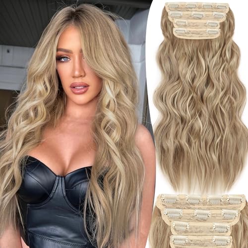 Freemeige Haarverlängerungen, 50,8 cm, 4 Stück, Clip-in-Haarverlängerungen, Kunstfaser, weich, natürlich, für Frauen, Dunkelblond mit gewelltem Referenz-16H613, 4 Stück (20 Freemeige Haarverlängerungen, 50,8 cm, 4 Stück, Clip-in-Haarverlängerungen, Kunstfaser, weich, natürlich, für Frauen, Dunkelblond mit gewelltem Referenz-16H613, 4 Stück (20 von FREEMEIGE