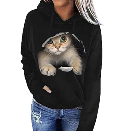 FREEPPCC Damen Cat In The Hole 3D Druck Rundhals Langarm Kapuzenpullover Sweatshirt von FREEPPCC