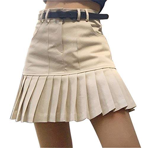 Damen INS Sweet College Style Hohe Taille All-Match Mini Plissee Beige Rock von FREEPPCC