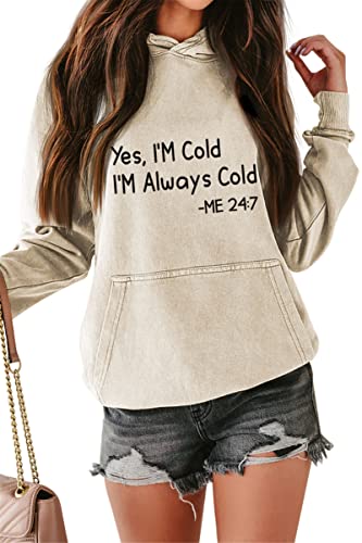 FREEPPCC Damen Kapuzenpullover mit Aufschrift "Yes I'm Cold I'm Always Cold", langärmelig, mit Kängurutasche, beige, 46 von FREEPPCC