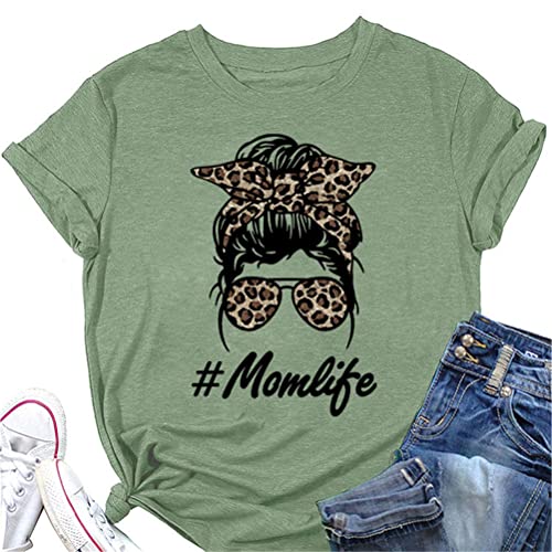 FREEPPCC Damen Leopard Mädchen Fliege Sonnenbrille Muster Momlife Brief Druck Rundhalsausschnitt Kurzarm T-Shirt, grün, X-Large von FREEPPCC