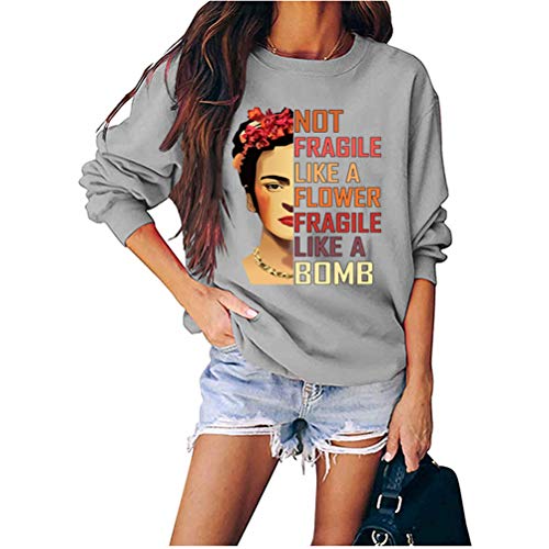 Damen-Sweatshirt, nicht zerbrechlich wie eine Blume, Fragile Like A Bomb, Buchstaben-Druck, Rundhalsausschnitt, Pullover, grau, S von FREEPPCC