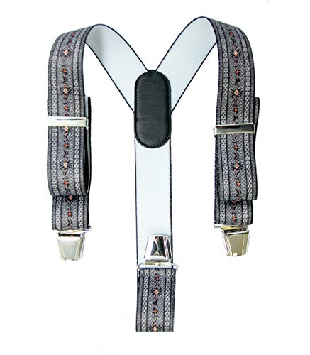 FREI Hosenträger. Edelweiss mit Alpenmuster, anthrazit, mit Lederkreuz und Metallclips. Schweizer Herstellung. FREI Hosenträger. Edelweiss mit Alpenmuster, anthrazit, mit Lederkreuz und Metallclips. Schweizer Herstellung. von FREI