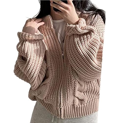 FWSHANGMAO Cardigan Damen Sommer,Grobstrick-Strickjacke Für Damen,Kurzes Zopfmuster,Vorne Offen,Vintage,Elegant,Einfarbig,Y2K-Sweatshirt Mit Reißverschluss,Fledermausärmel,Gestrickte Strickjacke,Kurz von FWSHANGMAO