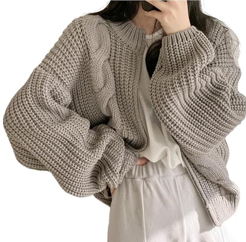 FWSHANGMAO Strickjacke Damen,Grobstrick-Cardigan Für Damen,Kurzes Kabel,Strickpullover,Vorne Offen,Vintage,Elegant,Einfarbig,Y2K-Sweatshirt Mit Reißverschluss,Fledermausärmel,Strick-Cardigan,Kurze Ja von FWSHANGMAO