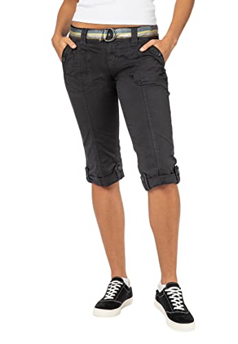 FRESH MADE Damen Capri-Hose 3/4-Shorts mit Metallic Gürtel Dark-Grey L von FRESH MADE