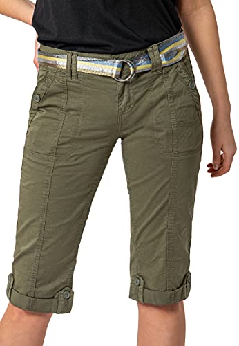FRESH MADE Damen Capri-Hose 3/4-Shorts mit Metallic Gürtel Green L von FRESH MADE
