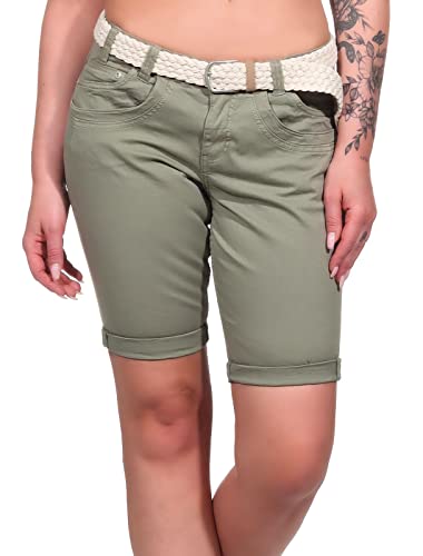 FRESH MADE Damen Chino Shorts LFM-161 Stoff-Bermuda mit Gürtel Washed Olive M von FRESH MADE