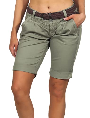 FRESH MADE Damen Chino Shorts LFM-171 Bermuda mit Gürtel Washed Olive L von FRESH MADE