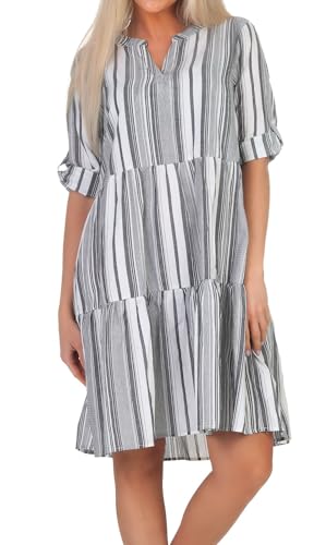 FRESH MADE Damen Midi Kleid LFM-175 Tunika Damenkleid Knielang mit Streifen Black/Offwhite M von FRESH MADE