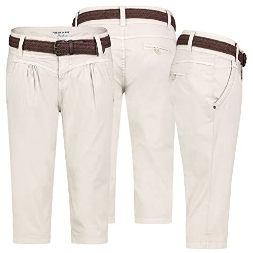 FRESH MADE Damen Short Bermuda 3/4 Hose Sommer Chino Stoff Hose mit Gürtel Capri, Hosengröße:L / 40, Farbe:Beige von FRESH MADE
