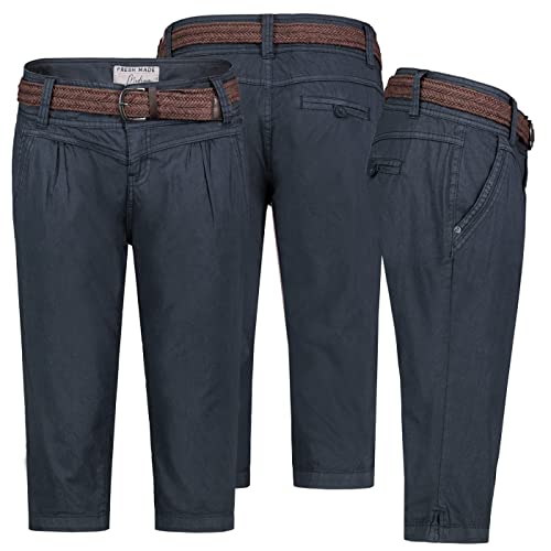 FRESH MADE Damen Short Bermuda 3/4 Hose Sommer Chino Stoff Hose mit Gürtel Capri, Hosengröße:S / 36, Farbe:Navy von FRESH MADE