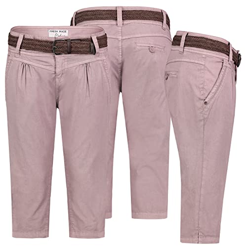 FRESH MADE Damen Short Bermuda 3/4 Hose Sommer Chino Stoff Hose mit Gürtel Capri, Hosengröße:S / 36, Farbe:Rosa von FRESH MADE