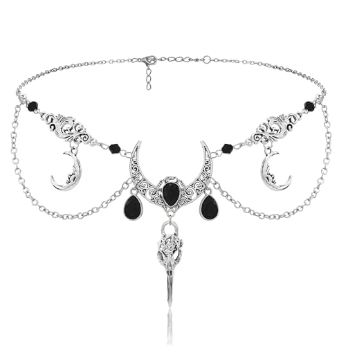 FRESHME Renfaire Gothic Kreis Kopfschmuck - Rabenschädel Kopf Kette Hexe Stirnband Schwarz Anhänger Kopfschmuck Feenkrone Halloween Renaissance Fotoshooting Cosplay Dress Up Mittelalter Zubehör von FRESHME