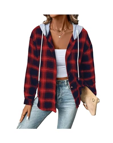 2023 Herbst Kariertes Hemd Frauen Mit Kapuze Taste Bis Hemd Weibliche Damen Lose Kariertes Hemd Für Frauen Rosa von FRESQA