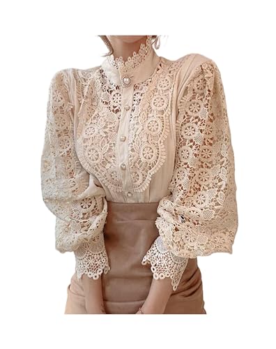 Blütenblatt Ärmel Stehkragen Aushöhlen Blume Spitze Patchwork Hemd All-Match Frauen Spitze Bluse Taste Weiß Top von FRESQA