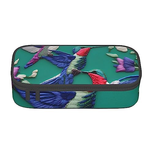 Blume Kolibris Stickerei Große Kapazität Durable Fach Schreibwaren Stift Tasche, Bleistift Box, Blumenkolibri-Stickerei, Einheitsgröße, Schlüsselhülle von FRESQA