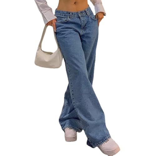 DSXH Gerade Bein Hosen Denim Hosen Vintage Lose Blau Gewaschen Mom Jeans Low Rise Jeans Frauen lose Jeans (Blau, S) von DSXH