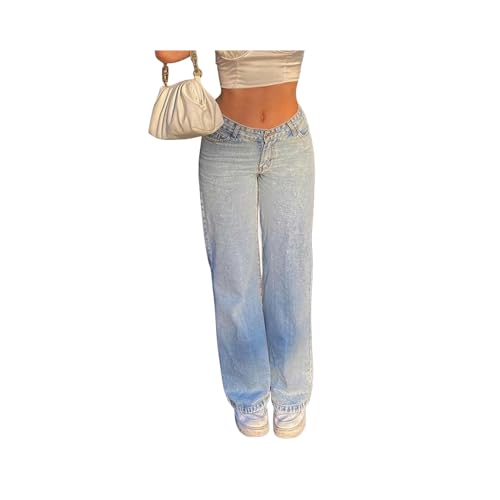 FRESQA 2023 Gerade Bein Hosen Y2k Denim Hosen Vintage Lose Blau Gewaschen Mom Jeans Low Rise Jeans Frauen lose Jeans von FRESQA