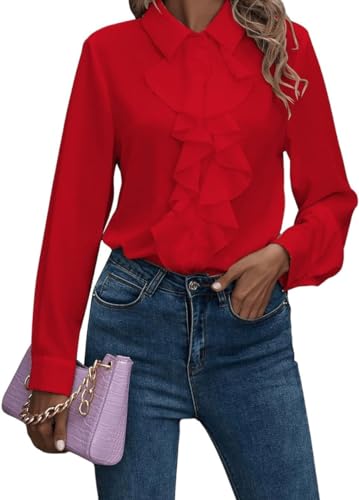 FRESQA Casual Elegant T Shirt Top Frauen Rüschen Trim Button Up Bluse Langarm, rot, X-Large von FRESQA