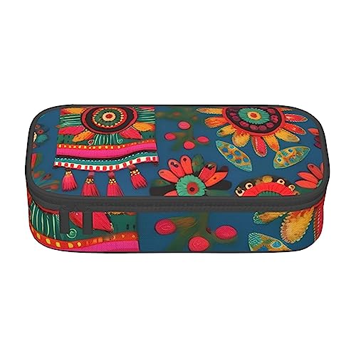 FRESQA Mexikanische Folk Boho Große Kapazität Durable Fach Schreibwaren Stiftetasche Bleistift Box, Mexikanische Volkskunst Boho, Einheitsgröße, Schlüsselhülle von FRESQA