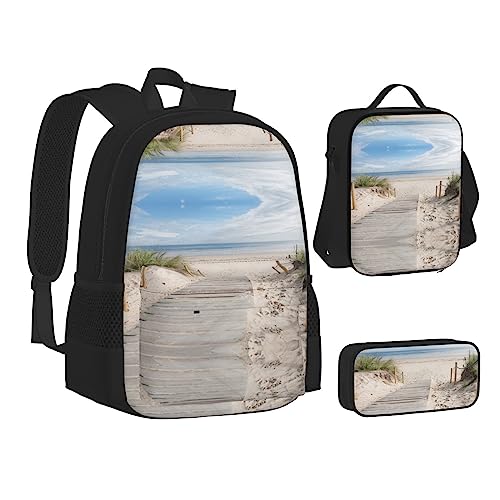 Biene in Blume Rucksack Schule Büchertaschen Set Lunchtasche Federmäppchen Schulrucksäcke für Teen Mädchen Jungen, Strandlandschaft, Einheitsgröße, Schulrucksack von FRGMNT