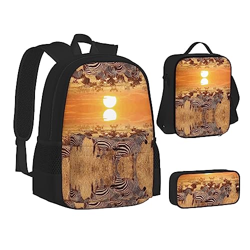 FRGMNT Ägyptische Pyramide in Wüste Rucksack Schule Büchertaschen Set Lunchtasche Federmäppchen Schulrucksäcke für Teenager Mädchen Jungen, Africa Sunset Zebra, Einheitsgröße, Schulrucksack von FRGMNT