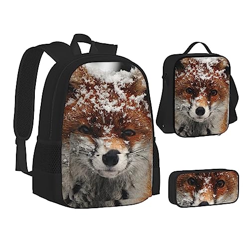 FRGMNT Arctic Animals Pinguine Rucksack Schule Büchertaschen Set Lunchtasche Federmäppchen Schulrucksäcke für Teen Mädchen Jungen, Fuchs Schnee, Einheitsgröße, Schulrucksack von FRGMNT