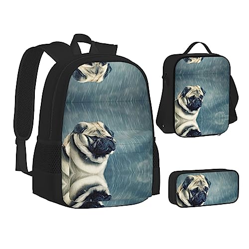 FRGMNT Arrow Feather Dream Rucksack Schule Büchertaschen Set Lunchtasche Federmäppchen Schulrucksäcke für Teen Mädchen Jungen, Lustiger Mops-Hund, Einheitsgröße, Schulrucksack von FRGMNT