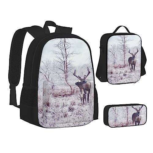 FRGMNT Arrow Feather Dream Rucksack Schule Büchertaschen Set Lunchtasche Federmäppchen Schulrucksäcke für Teen Mädchen Jungen, Winter / Hirsch, Einheitsgröße, Schulrucksack von FRGMNT