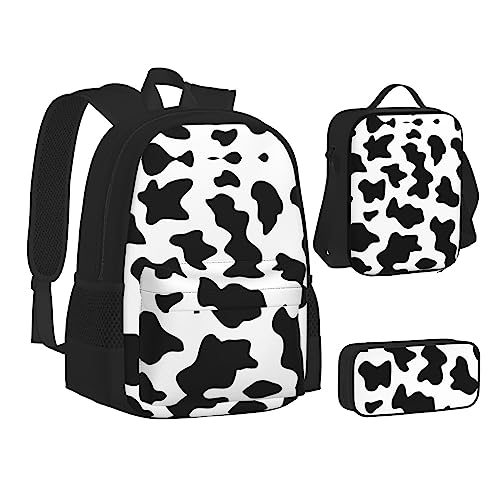 FRGMNT Baby Eisbär Rucksack Schule Büchertaschen Set Lunchtasche Federmäppchen Schulrucksäcke für Teen Mädchen Jungen, Schwarz-weißer Kuhdruck, Einheitsgröße, Schulrucksack von FRGMNT