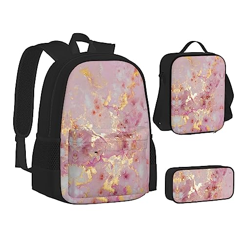 FRGMNT Baby Eisbär Rucksack Schule Büchertaschen Set Lunchtasche Federmäppchen Schulrucksäcke für Teen Mädchen Jungen, Textur Marmor Rosa, Einheitsgröße, Schulrucksack von FRGMNT