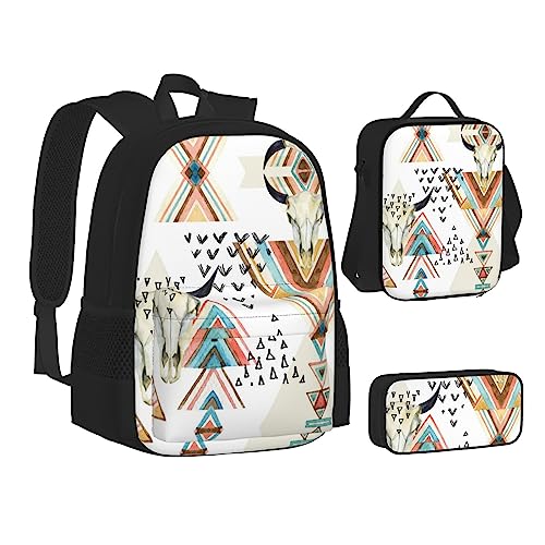 FRGMNT Baseball und Handschuh Rucksack Schule Büchertaschen Set Lunchtasche Federmäppchen Schulrucksäcke für Teen Mädchen Jungen, Kuh-Schädel Bohemian Geometrisch, Einheitsgröße, Schulrucksack von FRGMNT