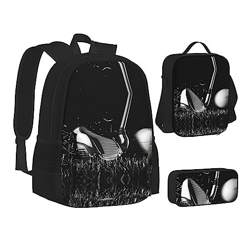 FRGMNT Baseball und Handschuh Rucksack Schule Büchertaschen Set Lunchtasche Federmäppchen Schulrucksäcke für Teen Mädchen Jungen, Schwarz und Weiß Golf, Einheitsgröße, Schulrucksack von FRGMNT