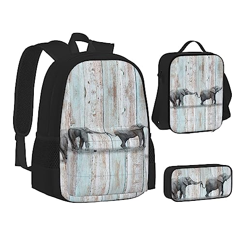 FRGMNT Blauer Himmel Winter Baum Rucksack Schule Büchertaschen Set Lunchtasche Federmäppchen Schulrucksäcke für Teen Mädchen Jungen, Elefantenkunst auf Holz, Einheitsgröße, Schulrucksack von FRGMNT