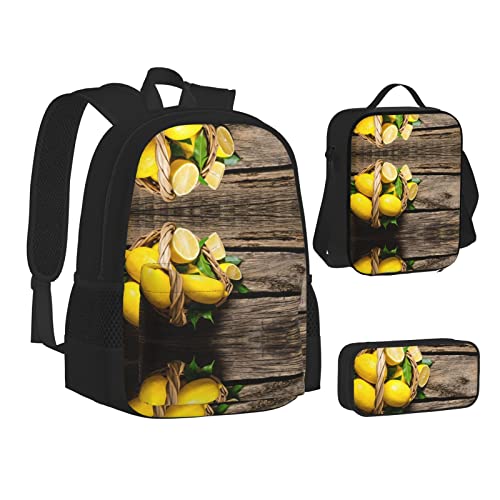 FRGMNT Crown Lion Rucksack Schule Büchertaschen Set Lunchtasche Federmäppchen Schulrucksäcke für Teen Mädchen Jungen, Ein Korb mit Zitronen, Einheitsgröße, Schulrucksack von FRGMNT