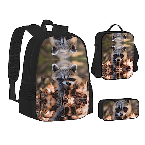 FRGMNT Crown Lion Rucksack Schule Büchertaschen Set Lunchtasche Federmäppchen Schulrucksäcke für Teen Mädchen Jungen, Waschbär, Einheitsgröße, Schulrucksack von FRGMNT