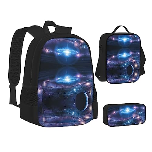 FRGMNT Crown Lion Rucksack Schule Büchertaschen Set Lunchtasche Federmäppchen Schulrucksäcke für Teen Mädchen Jungen, Weltraum-Planeten, Einheitsgröße, Schulrucksack von FRGMNT