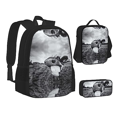 FRGMNT Fall Country Barn Rucksack Schule Büchertaschen Set Lunchtasche Federmäppchen Schulrucksäcke für Teen Mädchen Jungen, Lustiges Tierkuh, Einheitsgröße, Schulrucksack von FRGMNT